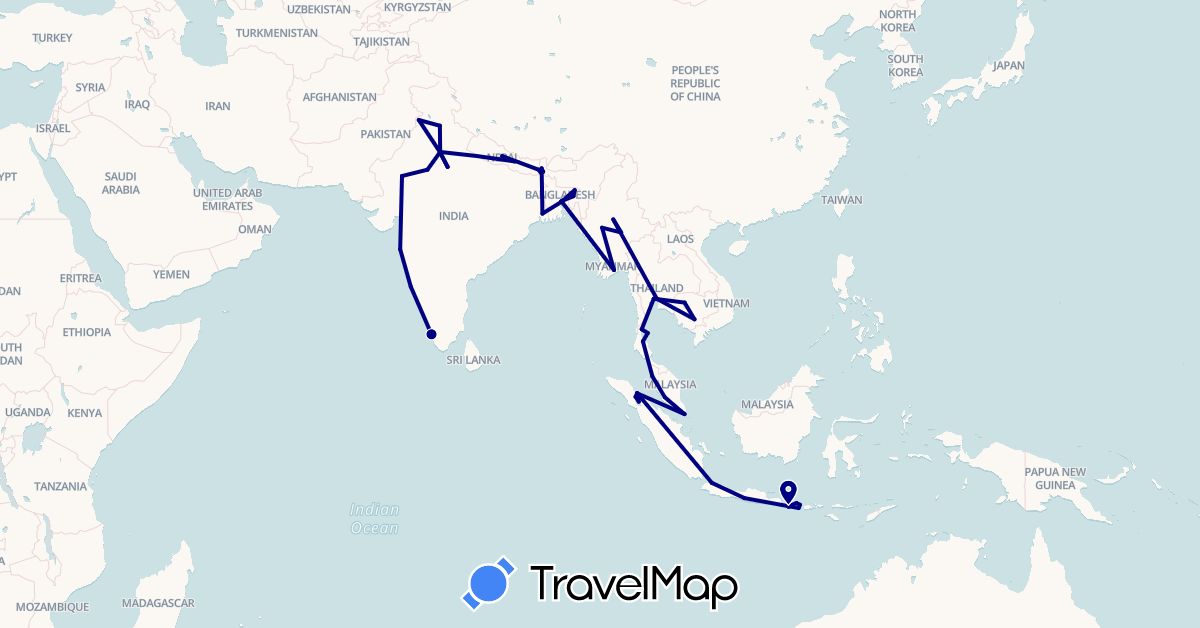 TravelMap itinerary: driving in Bangladesh, Indonesia, India, Cambodia, Myanmar (Burma), Malaysia, Nepal, Singapore, Thailand (Asia)